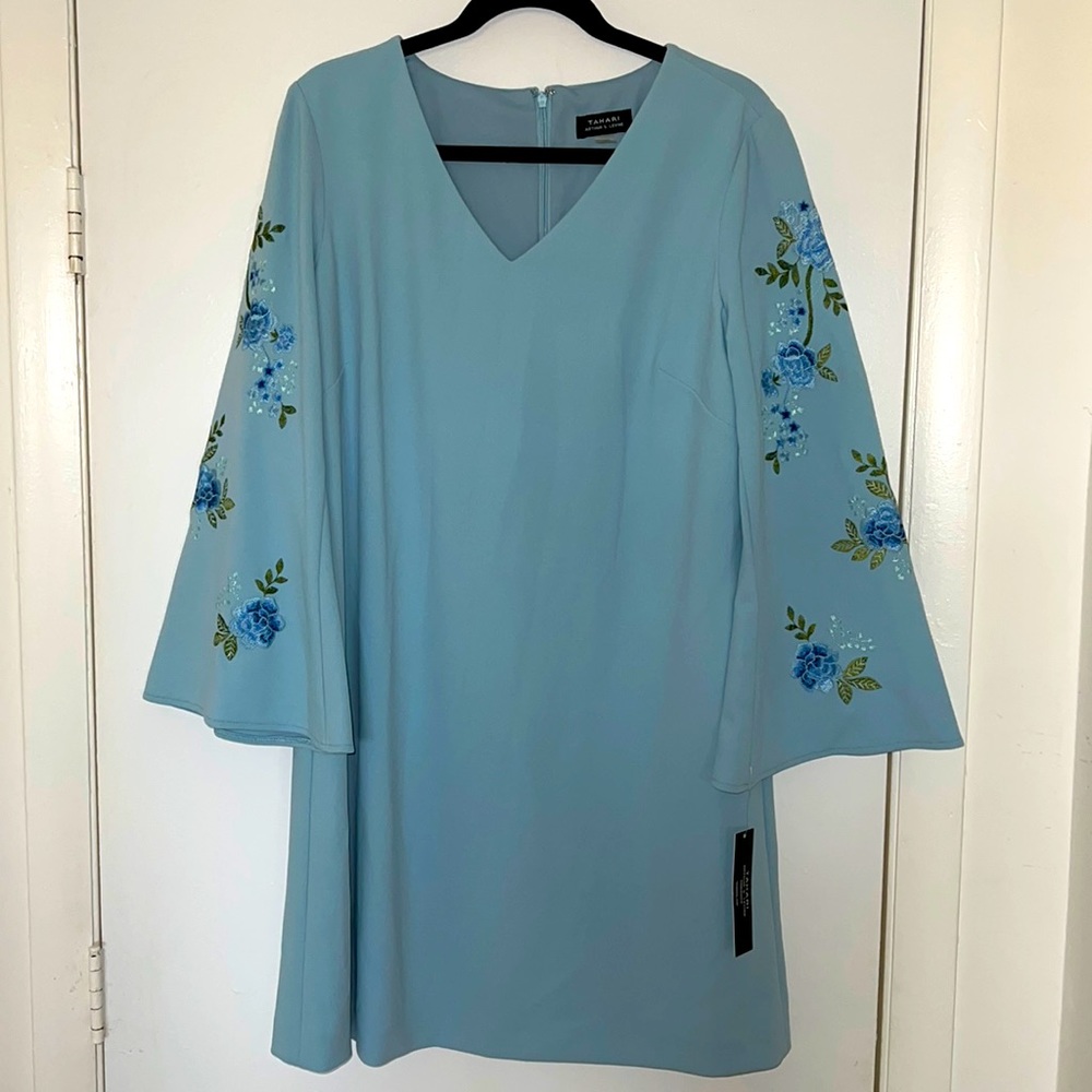 Brand New Tahari Blue Dress With Embroidered Flowers & Bell Sleeves